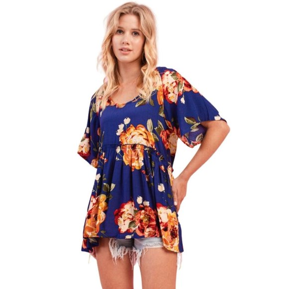 Oddi Royal Blue Flutter Sleeve Floral Baby Doll Top IT12579 - Picture 1 of 7